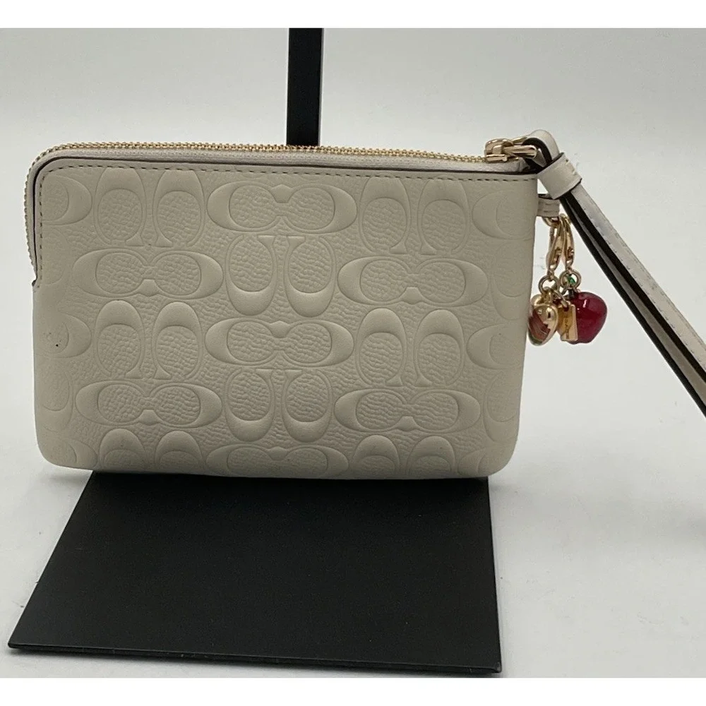 Coach Embossed Corner Zip Wristlet In Chalk With (2) Charms (see Description)